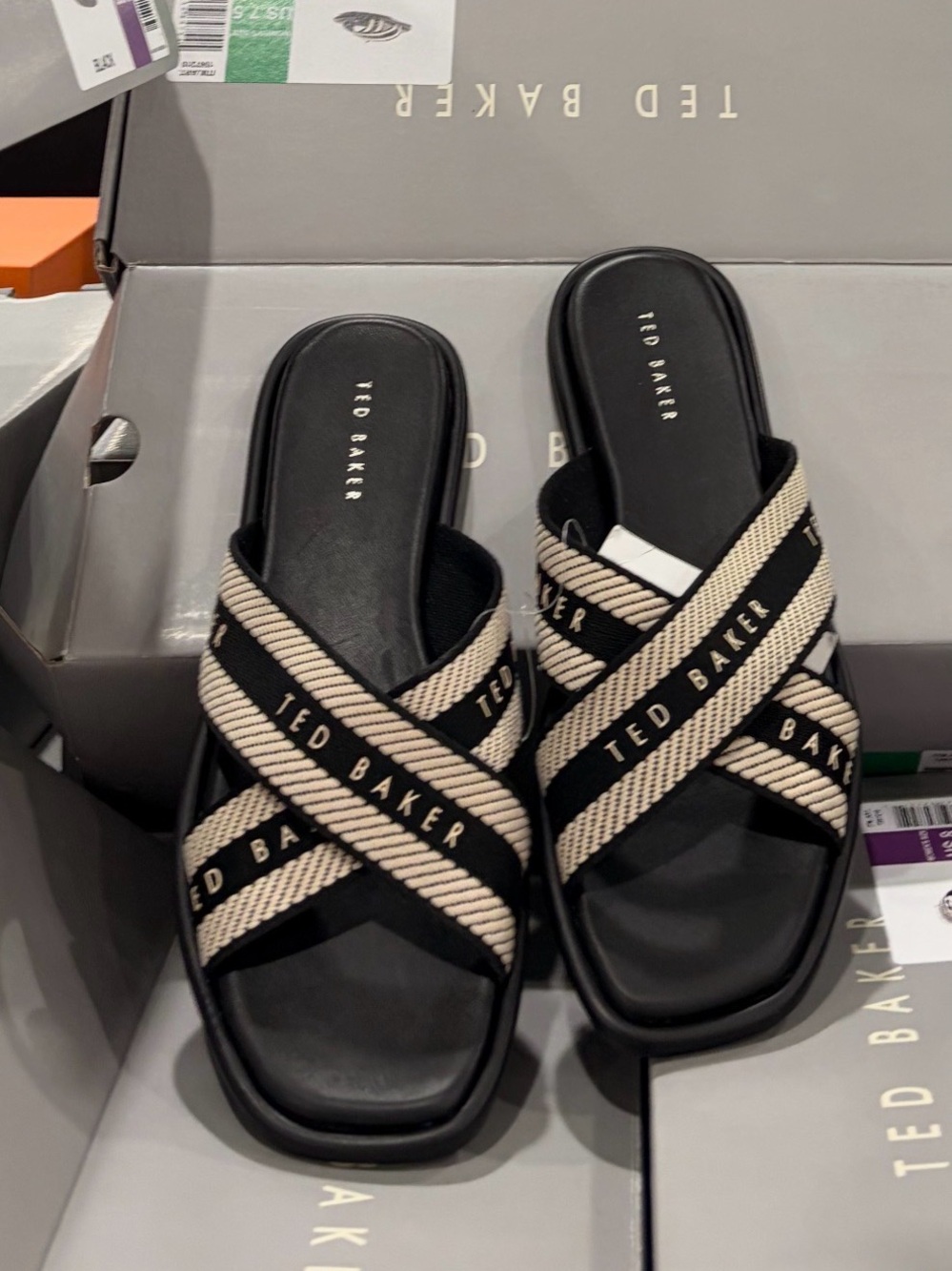 Ted Baker Black and Beige Cross-Band Slide Sandals new wit box